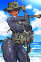 absurdres assault_rifle bar_censor beach black_hair blue_sky bodysuit boonie_hat breasts censored cloud cross-body_stretch day gloves gun hat highres hitch_(perotoss) large_breasts military open_mouth original republic_of_korea_army rifle sharp_teeth short_hair sky sweat tan tanline teeth tomboy water weapon