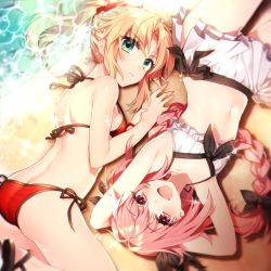 Rule 34 | 1boy, 1girl, armpits, ass, astolfo (fate), back, beach, bikini, bikini skirt, blonde hair, blurry, braid, braided ponytail, breasts, butt crack, cleavage, day, depth of field, fang, fate/grand order, fate (series), green eyes, hair intakes, halterneck, looking at viewer, lying, mordred (fate), mordred (fate/apocrypha), mordred (swimsuit rider) (first ascension) (fate), navel, official alternate costume, open mouth, outdoors, parted bangs, pink hair, ponytail, red bikini, sakura yuki (clochette), sandals, side-tie bikini bottom, single braid, skin fang, smile, swimsuit, thighs, trap, water, white bikini