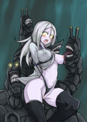 Rule 34 | 10s, 1girl, absurdres, abyssal ship, aqua background, bad id, bad pixiv id, blush, boots, breast slip, breasts, clothes lift, covered erect nipples, entangled, forced, glowing, glowing eyes, groin, hair between eyes, highres, kantai collection, large breasts, licking, licking breast, long hair, monster, monster girl, navel, nipples, no pants, one breast out, open mouth, pale skin, partially visible vulva, sailor collar, scared, screaming, shirt lift, shirt tug, silver hair, solo, ta-class battleship, tears, thigh boots, thighhighs, thong, waero, wedgie, yellow eyes