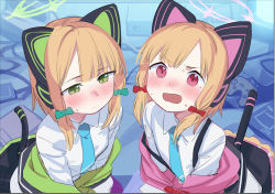 Rule 34 | 2girls, animal ear headphones, animal ears, blonde hair, blue archive, blue neckwear, blush, bow, cat ear headphones, child, fake animal ears, female focus, green bow, green eyes, hair bow, headphones, jacket, kneeling, long sleeves, looking at viewer, midori (blue archive), momoi (blue archive), multiple girls, necktie, open clothes, open jacket, open mouth, red bow, red eyes, shamonabe, shirt, short hair, siblings, sidelocks, sisters, sweat, tail, twins, white shirt