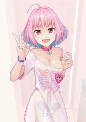Rule 34 | 1girl, absurdres, ahoge, arm at side, bangle, bare shoulders, blue hair, blurry, blurry background, bracelet, breasts, cleavage, collar, door, fang, hair intakes, hands up, heart-shaped lock, highres, idolmaster, idolmaster cinderella girls, indoors, jewelry, kep (ahokep), long shirt, looking at viewer, medium breasts, off-shoulder shirt, off shoulder, open mouth, pink collar, pink eyes, pink hair, ring, see-through, see-through silhouette, shiny skin, shirt, short hair, short sleeves, skeleton print, smile, solo, standing, t-shirt, tongue, v, v-shaped eyebrows, white shirt, yumemi riamu