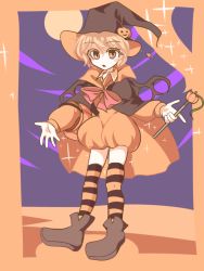 Rule 34 | androgynous, bad id, bad twitter id, blonde hair, boots, bow, capelet, food-themed hair ornament, gender request, hair ornament, halloween, hat, jandare, len&#039;en, pumpkin, pumpkin hair ornament, short hair, solo, thighhighs, umatachi tsugumi, wand, wings, witch hat