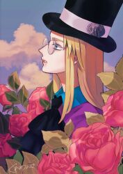 1boy ascot avery_(pokemon) bishounen black_ascot blonde_hair blue_eyes cloud collared_shirt creatures_(company) eyelashes flower from_side game_freak hat highres lips long_hair looking_up male_focus morganiten nintendo parted_lips pink_lips pokemon pokemon_swsh purple_shirt rose round_eyewear shirt sky solo surrounded_by_flowers top_hat