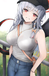 Rule 34 | 1girl, absurdres, bare shoulders, blue archive, grey hair, haruna (blue archive), hat, highres, looking at viewer, pants, red eyes, sleeveless, smile, solo, standing, umber00