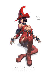 Rule 34 | 1girl, arc system works, bare shoulders, bob cut, boots, breasts, brown hair, choker, fingerless gloves, gloves, green eyes, guilty gear, hat, highres, i-no, large breasts, lipstick, makeup, mole, nail polish, nekkeau, panties, pantyshot, red hat, red nails, red thighhighs, short hair, simple background, sitting, solo, thigh boots, thighhighs, underboob, underwear, witch hat, zettai ryouiki
