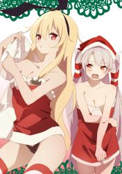 Rule 34 | 2girls, amatsukaze (kancolle), anchor hair ornament, bare shoulders, black hairband, black panties, blonde hair, blush, breasts, christmas, cleavage, collarbone, grey hair, hair between eyes, hair ornament, hairband, hat, highres, kantai collection, long hair, looking at another, looking at viewer, medium breasts, multiple girls, open mouth, panties, red eyes, red headwear, santa hat, shimakaze (kancolle), striped clothes, striped legwear, striped thighhighs, suwakana, thighhighs, thighs, two side up, underwear