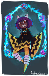 Rule 34 | 1girl, andrewcrowe, artist name, bad deviantart id, bad id, bad source, black cape, blue background, bob cut, cape, commentary, dark-skinned female, dark skin, dynatron (mighty no. 9), electricity, english commentary, full body, grin, highres, horns, joints, looking at viewer, mighty no. 9, mitsudomoe (shape), no feet, purple hair, red eyes, robot, robot girl, robot joints, sharp teeth, short hair, simple background, smile, solo, teeth, tomoe (symbol), two-tone cape, very dark skin, yellow cape