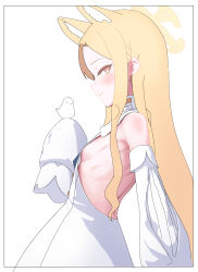 Rule 34 | 1girl, animal ear fluff, animal ears, armpit crease, backless dress, backless outfit, bare back, bare shoulders, bird, blonde hair, blue archive, breasts, detached sleeves, dociracira, dress, fox ears, fox girl, halo, highres, looking at viewer, seia (blue archive), sideboob, small breasts, solo
