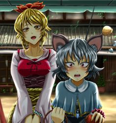 Rule 34 | 2girls, :d, animal ears, animal print, architecture, bead bracelet, beads, blonde hair, blush, bracelet, breasts, capelet, carrot, collarbone, east asian architecture, fangs, futagojima, grey hair, hair ornament, highres, jewelry, long sleeves, looking at viewer, mouse ears, multiple girls, nazrin, open mouth, outdoors, pendant, red eyes, short hair, smile, sweat, tail, tiger print, toramaru shou, touhou, upper body, wide sleeves, yellow eyes