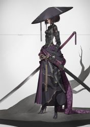 Rule 34 | 1girl, black hair, bodysuit, breasts, commentary, english commentary, english text, falslander, full body, gauntlets, grey background, hat, high heels, highres, holding, holding sword, holding weapon, japanese clothes, jingasa, katana, neco, original, purple eyes, ronin (neco), scabbard, science fiction, sheath, short hair, simple background, solo, standing, sword, unsheathed, weapon
