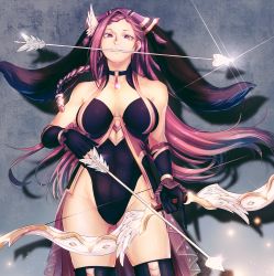 Rule 34 | 1girl, absurdres, animal ears, arrow (projectile), bare shoulders, black gloves, bow (weapon), braid, breasts, cleavage, fire emblem, fire emblem heroes, glint, gloves, gluteal fold, groin, hair ornament, hat, highleg, highres, holding, jewelry, large breasts, leotard, loki (fire emblem), long hair, looking at viewer, minaka shobu, mouth hold, nintendo, official alternate costume, playboy bunny, purple eyes, purple hair, rabbit ears, rubber gloves, solo, thighhighs, thighs, weapon