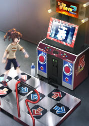 Rule 34 | 1girl, arcade, arcade cabinet, bad id, bad pixiv id, black eyes, bottle, brown hair, casual, dancing, highres, idolmaster, idolmaster (classic), in the groove, in the groove 2, playing games, short hair, shorts, solo, takatsuki yayoi, totokichi, twintails, wristband