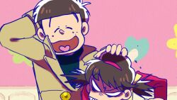 Rule 34 | 1boy, 1girl, angry, ankie, blank eyes, brother and sister, brown hair, coat, expressive hair, fake screenshot, freckles, hair ribbon, hairband, low twintails, osomatsu-kun, osomatsu-san, ribbon, scratching head, sharp teeth, short twintails, siblings, smile, teeth, totoko&#039;s brother, trench coat, turtleneck, twintails, yowai totoko