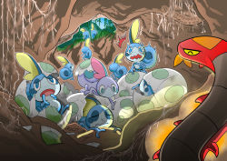 Rule 34 | alternate color, cave, climbing, commentary request, cracked egg, creatures (company), dated, day, egg, game freak, gen 8 pokemon, nintendo, no humans, open mouth, pokemon, pokemon (creature), pokemon egg, scared, shiny and normal, shiny pokemon, sizzlipede, sky, sobble, takigawa geenito, tongue, trembling, wavy mouth