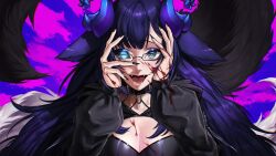 Rule 34 | 1girl, absurdres, black choker, black hair, black sclera, blood, blood on clothes, blood on face, blood on hands, blue eyes, breasts, character request, choker, colored sclera, commission, copyright request, emo37337640, fangs, glasses, hands on own face, highres, horns, long hair, long sleeves, looking at viewer, open mouth, skeb commission, solo, tail, tongue, upper body