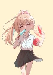 Rule 34 | 1girl, alternate costume, armband, black skirt, blonde hair, blush, closed eyes, collared shirt, commentary request, eating, facing viewer, fanning self, food, hands up, high ponytail, highres, holding, holding food, holding ice cream, hot, ice cream, long hair, nakunaro, natori sana, pleated skirt, popsicle, red armband, sana channel, shirt, short sleeves, skirt, solo, standing, sweatdrop, virtual youtuber, white shirt