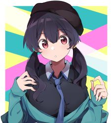 Rule 34 | 1girl, :o, absurdres, beret, black shirt, blue jacket, blue necktie, breasts, brown hair, brown hat, collared shirt, fingernails, hair between eyes, hands up, hat, highres, jacket, kazenoko, large breasts, looking at viewer, low twintails, necktie, off shoulder, original, parted lips, red eyes, shirt, sleeves past wrists, solo, twintails