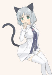 Rule 34 | 1girl, animal ears, black shirt, cat ears, cat tail, closed mouth, colored skin, green eyes, grey background, grey hair, hand up, highres, invisible chair, jacket, long sleeves, mao lian (nekokao), medium hair, miniskirt, necktie, open clothes, open jacket, pleated skirt, sanya v. litvyak, shirt, simple background, sitting, skirt, smile, solo, strike witches, tail, thighhighs, white jacket, white skin, white thighhighs, world witches series, zettai ryouiki