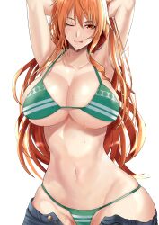 Rule 34 | 1girl, arms behind head, bikini, bikini under clothes, blue pants, blush, breasts, cleavage, cowboy shot, curvy, denim, highres, jeans, kawabata yoshihiro, large breasts, long hair, looking at viewer, nami (one piece), navel, one piece, open fly, orange eyes, orange hair, pants, smile, solo, stomach, swimsuit, tattoo, thong, thong bikini, white background, wide hips