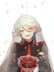 Rule 34 | 1girl, asticassia school uniform, black jacket, blush, bouquet, commentary request, confetti, flower, grey eyes, gundam, gundam suisei no majo, head tilt, highres, holding, holding bouquet, jacket, long hair, looking at viewer, miorine rembran, necktie, open mouth, red flower, red necktie, red rose, rose, school uniform, simple background, smile, solo, translation request, twitter username, upper body, vt104k, white background, white hair