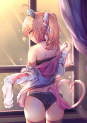 Rule 34 | 1girl, absurdres, ahoge, animal ears, ass, bad id, bad pixiv id, bare shoulders, black panties, blonde hair, blush, cat ears, cat tail, choker, cowboy shot, from behind, graphite (medium), headgear, highres, jacket, juneau (warship girls r), long hair, long sleeves, looking at viewer, multiple tails, panties, pink hair, pink thighhighs, ray (pixiv9514208), remodel (warship girls r), shiny skin, skindentation, solo, standing, tail, thighhighs, traditional media, underwear, undressing, warship girls r, white jacket, yellow eyes