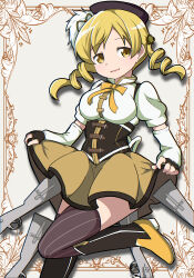 Rule 34 | 1girl, absurdres, blonde hair, boots, breasts, cowboy shot, detached sleeves, drill hair, gun, highres, impossible clothes, mahou shoujo madoka magica, mahou shoujo madoka magica (anime), medium breasts, namari siro, neck ribbon, open mouth, puffy short sleeves, puffy sleeves, ribbon, short sleeves, skirt, skirt hold, smile, solo, standing, standing on one leg, striped clothes, striped thighhighs, thighhighs, tomoe mami, twin drills, weapon, yellow eyes, yellow skirt
