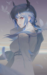 Rule 34 | 1girl, absurdres, arknights, blue hair, breasts, ch&#039;en (arknights), commentary, dragon horns, from side, highres, horns, jiam009, long hair, long sleeves, looking at viewer, medium breasts, red eyes, shirt, sidelocks, solo, upper body, white shirt