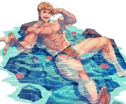 Rule 34 | 1boy, abs, barefoot, bulge, granblue fantasy, large pectorals, looking at viewer, lying, male focus, male swimwear, manly, muscular, navel, nipples, on back, open mouth, orange male swimwear, orange swim briefs, partially submerged, pectorals, pointing, pointing at viewer, rock, rybiok, smile, solo, starfish, swim briefs, swimsuit, undercut, vane (granblue fantasy)