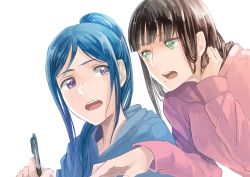 Rule 34 | 10s, 2girls, black hair, blue hair, frown, green eyes, hand in own hair, highres, hime cut, hood, hoodie, kawaoka sachio, kurosawa dia, long hair, looking at another, love live!, love live! sunshine!!, matsuura kanan, md5 mismatch, mole, mole under mouth, multiple girls, open mouth, pen, ponytail, purple eyes, resized, upper body, white background