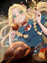 Rule 34 | 1girl, :t, artist name, belt, blonde hair, blue capelet, blue dress, blush, braid, breasts, brick wall, capelet, chicken (food), choker, dress, dungeon meshi, dutch angle, eating, edomon-do, elf, flower, food, food on face, fork, green eyes, hair around ear, hair ornament, hands up, happy, highres, holding, holding food, holding fork, holding staff, hood, hood down, hooded capelet, light particles, long hair, long sleeves, looking at viewer, marcille donato, medium breasts, parted bangs, pie, pie slice, plate, pointy ears, pov across table, side braid, smile, solo, sprout, staff, twin braids, upper body