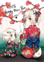 Rule 34 | 2018, 2girls, :o, animal ears, black kimono, blue bow, blue eyes, blurry, blurry foreground, blush, bow, closed mouth, commentary request, depth of field, dog ears, dog girl, dog tail, floral print, flower, food, green bow, hair flower, hair ornament, hairclip, happy new year, highres, japanese clothes, kimono, looking at viewer, looking back, multiple girls, new year, niii (memstapak), original, parted lips, ponytail, popsicle, print kimono, red flower, red kimono, sidelocks, silver hair, sitting, smile, tail, teeth, upper teeth only, water