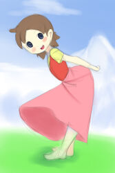 Rule 34 | 1girl, alps no shoujo heidi, barefoot, black eyes, blush, brown hair, cloud, drantyno, grass, heidi (alps no shoujo heidi), highres, leaning forward, looking at viewer, mountain, nippon animation, open mouth, pink shirt, red vest, shirt, short hair, short sleeves, sky, smile, standing, teeth, vest, world masterpiece theater, yellow shirt