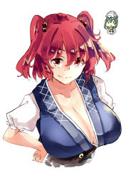 Rule 34 | 2girls, breasts, chibi, chibi inset, cleavage, collarbone, commentary request, deetamu, green hair, hair bobbles, hair ornament, highres, isopod, japanese clothes, large breasts, looking at viewer, multiple girls, onozuka komachi, puffy short sleeves, puffy sleeves, red eyes, shiki eiki, short hair, short sleeves, short twintails, simple background, smile, touhou, twintails, upper body, white background