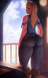 Rule 34 | 1girl, ass, belt, breasts, curvy, hip focus, huge ass, large breasts, long hair, looking at viewer, looking back, maarthul, nintendo, pointy ears, princess zelda, solo, sword, the legend of zelda, the legend of zelda: breath of the wild, thick thighs, thighs, weapon, wide hips