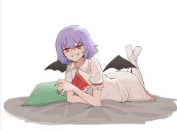Rule 34 | 1girl, ascot, ass, bat wings, bed, brooch, dress, fangs, fingernails, highres, jewelry, light purple hair, mata (matasoup), nail polish, no headwear, no shoes, pillow, red ascot, red eyes, red nails, red ribbon, remilia scarlet, ribbon, sharp fingernails, short hair, simple background, smile, solo, touhou, white background, white dress, white legwear, wings