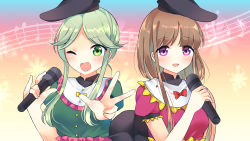 Rule 34 | 2girls, :d, beamed eighth notes, beige background, black headwear, blue background, blush, bow, breasts, brown hair, commentary request, dress, eighth note, frilled shirt collar, frills, gradient background, green dress, green eyes, green hair, hand up, highres, holding, holding microphone, looking at viewer, microphone, multiple girls, musical note, nishida satono, one eye closed, open mouth, ougi hina, pink background, puffy short sleeves, puffy sleeves, purple dress, purple eyes, short hair with long locks, short sleeves, sidelocks, small breasts, smile, staff (music), teireida mai, touhou, upper body, w, yellow bow