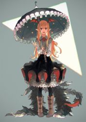 Rule 34 | 1girl, atory totory, bad id, bad twitter id, black dress, black legwear, blonde hair, boots, brown footwear, cross, dress, fang, frilled dress, frilled umbrella, frills, granblue fantasy, head wings, highres, holding, holding umbrella, long hair, open mouth, pointy ears, red eyes, smile, solo, standing, star (symbol), tail, umbrella, vampy, wings