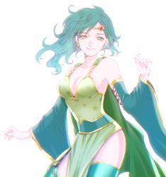 Rule 34 | 1girl, arm up, asymmetrical bangs, breasts, cape, chiru (sanifani), circlet, cleavage, detached sleeves, dress, earrings, final fantasy, final fantasy iv, green cape, green dress, green eyes, green hair, green thighhighs, jewelry, medium breasts, medium hair, rydia (ff4), smile, solo, thighhighs, upper body, white background, wide sleeves