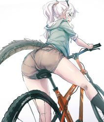 Rule 34 | 1girl, ass, bad id, bad tumblr id, bee (deadflow), bicycle, black socks, dragon girl, dragon horns, dragon tail, horns, kneehighs, kneepits, long hair, looking at viewer, looking back, open mouth, original, pantylines, ponytail, sidelocks, simple background, smile, socks, solo, tail, thighs, wavy hair, wedgie, white background, white hair, yellow eyes