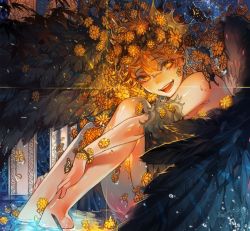 Rule 34 | 1boy, animal, animal on hand, bare arms, bare legs, bare shoulders, barefoot, bioluminescence, black wings, bug, butterfly, butterfly on hand, crown, diffraction spikes, feathered wings, feathers, flower, from side, glowing, haikyuu!!, hair between eyes, hair flower, hair ornament, hand on leg, hayanse, highres, hinata shouyou, insect, looking at viewer, male focus, nude, open mouth, orange eyes, orange hair, partially submerged, short hair, sitting, solo, teeth, water, wings, yellow flower