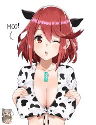Rule 34 | 1girl, animal ears, animal print, bell, blush, breasts, chibi, chibi inset, cleavage, collarbone, covered erect nipples, cow ears, cow print, cowbell, english text, highres, j@ck, jewelry, large breasts, looking at viewer, neck bell, nia (xenoblade), no bra, one eye closed, print shirt, pyra (xenoblade), red eyes, red hair, rex (xenoblade), shirt, short hair, simple background, smile, solo, solo focus, tiara, white background, wink, xenoblade chronicles (series), xenoblade chronicles 2