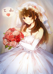 Rule 34 | 1girl, arms up, bare shoulders, bouquet, breasts, bridal veil, bride, brown eyes, brown hair, character request, cleavage, closed mouth, commentary, dress, elbow gloves, english commentary, fal (upotte!!), flower, gloves, heart, highres, holding, holding bouquet, looking at viewer, looking to the side, medium breasts, pink flower, red flower, smile, solo, spoken heart, upotte!!, veil, wedding dress, white dress, white gloves