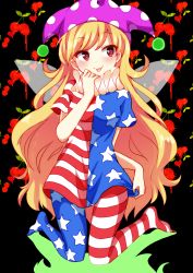 Rule 34 | 1girl, absurdres, american flag dress, american flag legwear, american flag shirt, bad id, bad pixiv id, blonde hair, blush, chako (chakoxxx), clownpiece, fairy wings, full body, hat, highres, jester cap, long hair, looking away, neck ruff, pantyhose, polka dot, red eyes, shirt, short sleeves, smile, solo, star (symbol), star print, striped clothes, striped pantyhose, tongue, tongue out, touhou, very long hair, wings