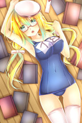 Rule 34 | 1girl, baretto (firearms 1), blonde hair, blue eyes, book, breasts, cameltoe, collarbone, covered navel, from above, glasses, gluteal fold, hair between eyes, hair ribbon, hat, highres, i-8 (kancolle), kantai collection, large breasts, lips, long hair, looking at viewer, looking up, low twintails, lying, name tag, one-piece swimsuit, peaked cap, red-framed eyewear, ribbon, sailor hat, school swimsuit, semi-rimless eyewear, solo, swimsuit, swimsuit under clothes, thighhighs, twintails, under-rim eyewear, white ribbon, white thighhighs, wooden floor