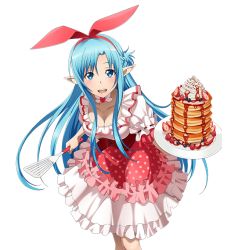 Rule 34 | 1girl, asuna (sao-alo), blue eyes, blue hair, bow, bowtie, breasts, cleavage, collarbone, dress, floating hair, hair ribbon, hairband, holding, layered dress, leaning forward, long hair, looking at viewer, medium breasts, pointy ears, red hairband, red ribbon, ribbon, solo, standing, sword art online, transparent background, very long hair, white bow, white bowtie
