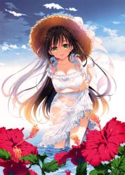 Rule 34 | 1girl, :d, absurdres, black hair, blue sky, bra, braid, breasts, cleavage, clothes lift, crown braid, day, dress, dress lift, flower, green eyes, hat, highres, large breasts, long hair, looking at viewer, mizuno sao, non-web source, open mouth, original, outdoors, panties, scan, see-through, sky, smile, solo, straw hat, sun hat, sundress, underwear, very long hair, wading, wet, wet clothes, wet dress, white dress