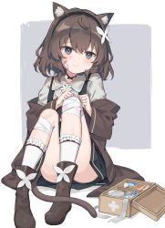 Rule 34 | 1girl, absurdres, animal ear fluff, animal ears, bandaged knees, bandaged leg, bandages, bandaid, bandaid on cheek, bandaid on face, black hairband, blush, bottle, box, brown coat, brown footwear, brown hair, cat ears, cat tail, closed mouth, coat, crying, crying with eyes open, diamond-shaped pupils, diamond (shape), first aid kit, flower, frilled socks, frills, grey eyes, hair flower, hair ornament, hairband, highres, medium hair, open box, open clothes, open coat, original, panties, pantyshot, pill, satou (3366 s), sitting, socks, solo, symbol-shaped pupils, tail, tears, underwear, white flower, white panties, white socks