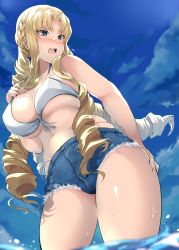 Rule 34 | 1girl, absurdres, bare shoulders, bikini, bikini top only, blonde hair, blue eyes, blue shorts, blue sky, blush, braid, breasts, cleavage, collarbone, commission, cutoffs, denim, denim shorts, drill hair, endou (zettai bluenoid), french braid, has bad revision, has downscaled revision, highres, large breasts, long hair, marguerite pistail, md5 mismatch, navel, open mouth, parted bangs, quad drills, resolution mismatch, short shorts, shorts, skeb commission, sky, solo, source smaller, super robot wars, super robot wars z, super robot wars z2, swimsuit, thighs, wading, wet, white bikini
