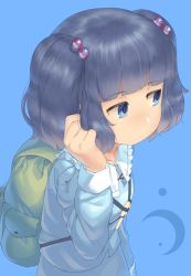 Rule 34 | 1girl, backpack, bag, blouse, blue background, blue eyes, blue hair, blue shirt, blunt bangs, blush, closed mouth, hair bobbles, hair ornament, highres, kawashiro nitori, long sleeves, looking away, monosenbei, shirt, short hair, short twintails, simple background, solo, touhou, twintails, two side up, upper body