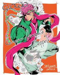 Rule 34 | 1boy, alternate color, alternate hair color, aqua eyes, battle tendency, birthday, bubble, caesar anthonio zeppeli, character name, closed mouth, commentary request, copyright name, dated, facial mark, fingerless gloves, fingernails, floating scarf, flower, gloves, green gloves, green jacket, green pants, headband, hydrokinesis, jacket, jojo no kimyou na bouken, kijinkutsu, knee pads, looking away, male focus, outline, pants, pink hair, pink scarf, pink shirt, scarf, shirt, short hair, solo, triangle print, water, white outline, wing hair ornament